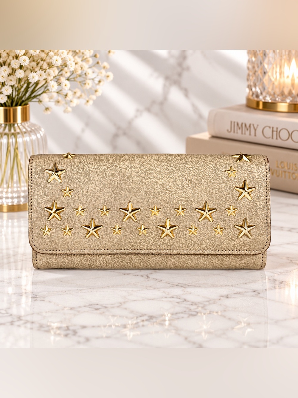 Jimmy Choo Star Studded Gold Metallic Leather Long Flap Wallet Full Inclusion